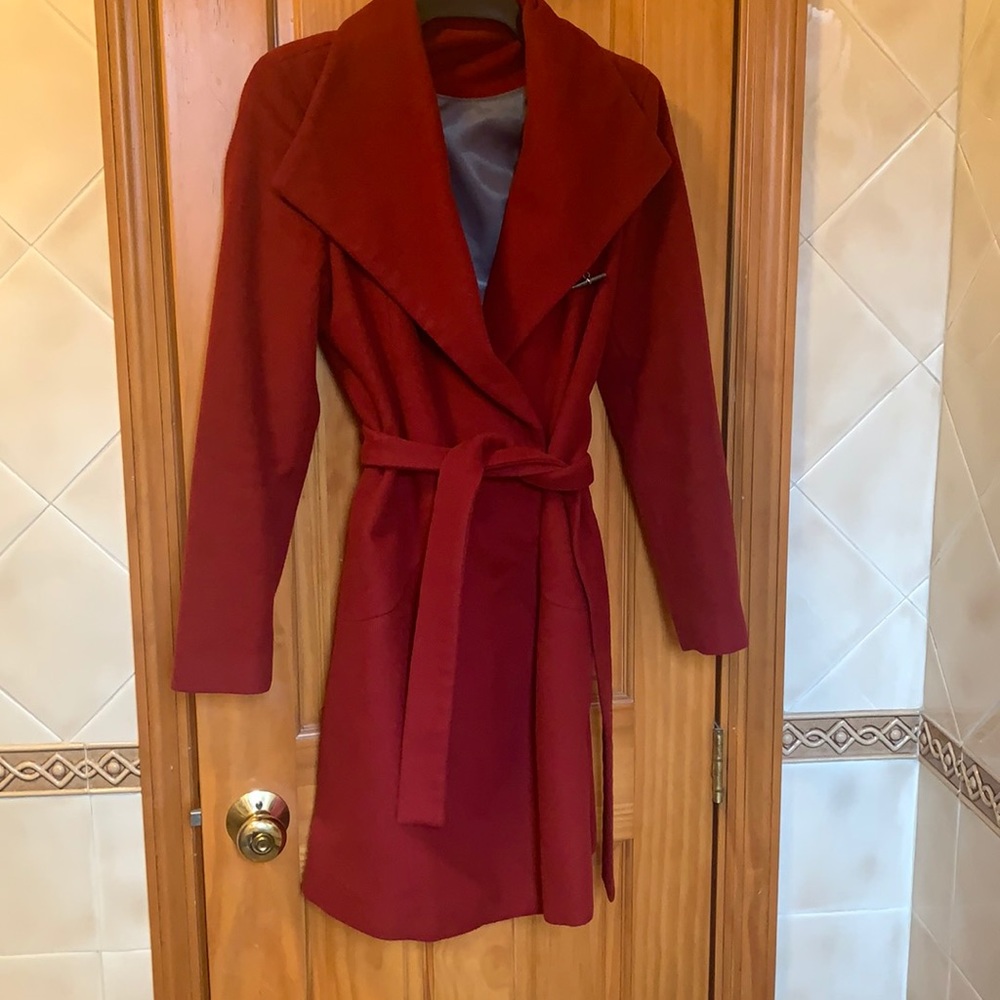 Used Red Wool/Polyester Wrap Calvin Klein Coat. Size 4